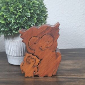 Wooden Owl Family Figurine Hand Crafted Carved Puzzle Mother Baby Love Art Decor
